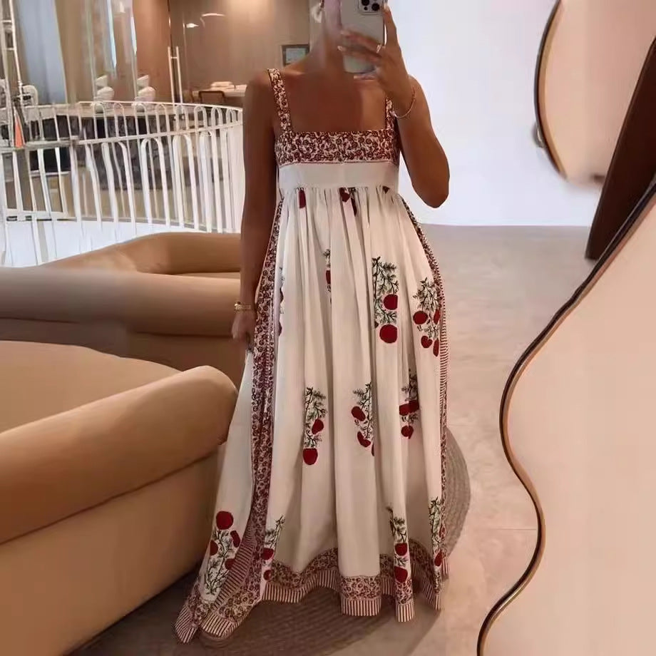 Women's Fashion High Waist Big Swing Positioning Printing Sling Long Dress