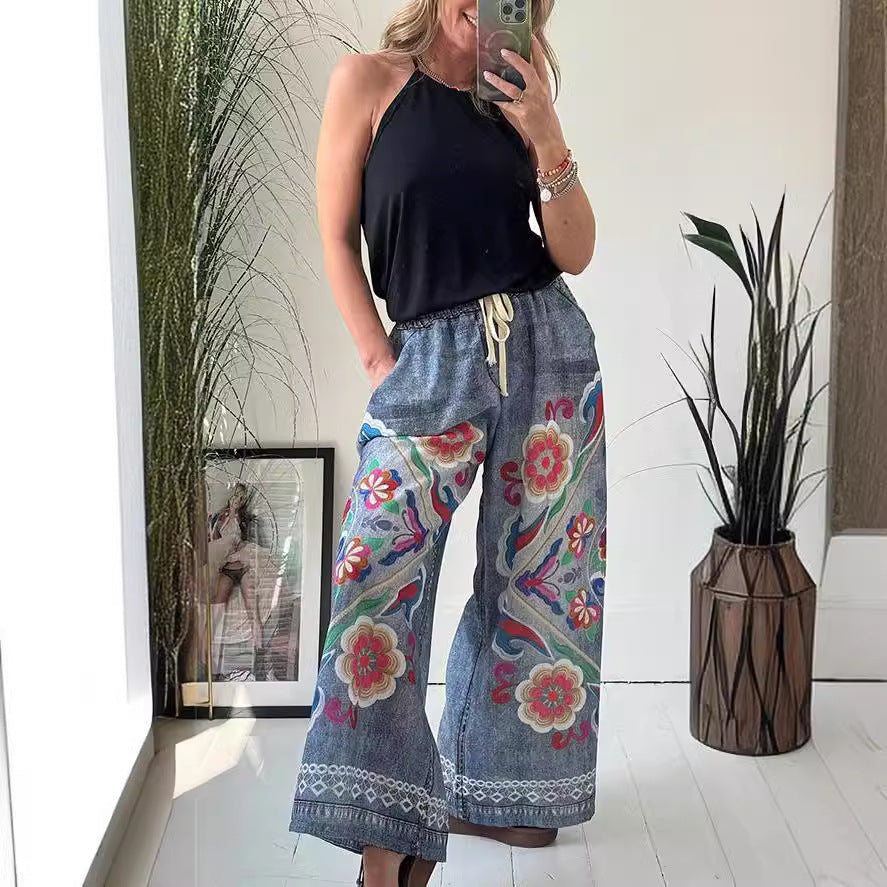 Women's Lace-up Denim Print Pocket Baggy Pants