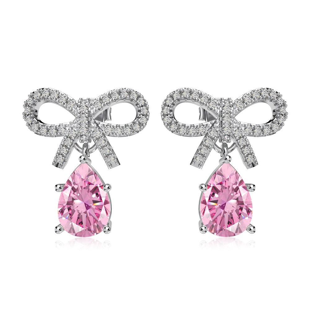 Silver S925 Pink Pear-shaped Water Drop Bow Design Niche Exquisite Fashion Sense Women's Earrings