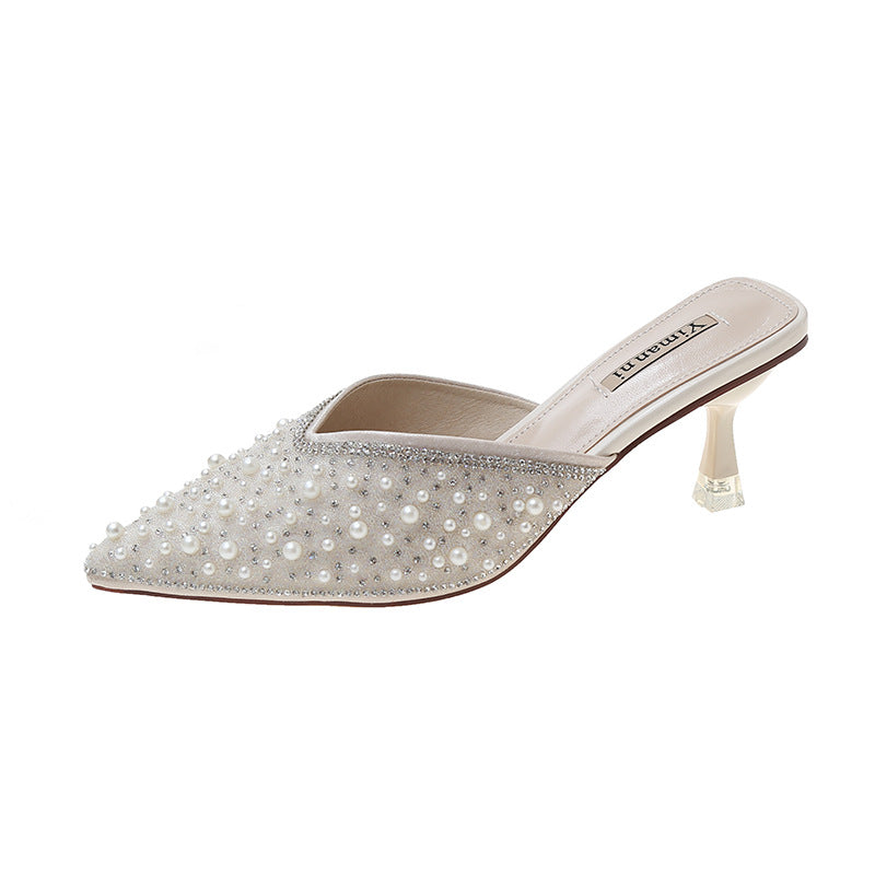 Women's Fashion Pointed Stiletto Heel Full Diamond Pearl Slippers