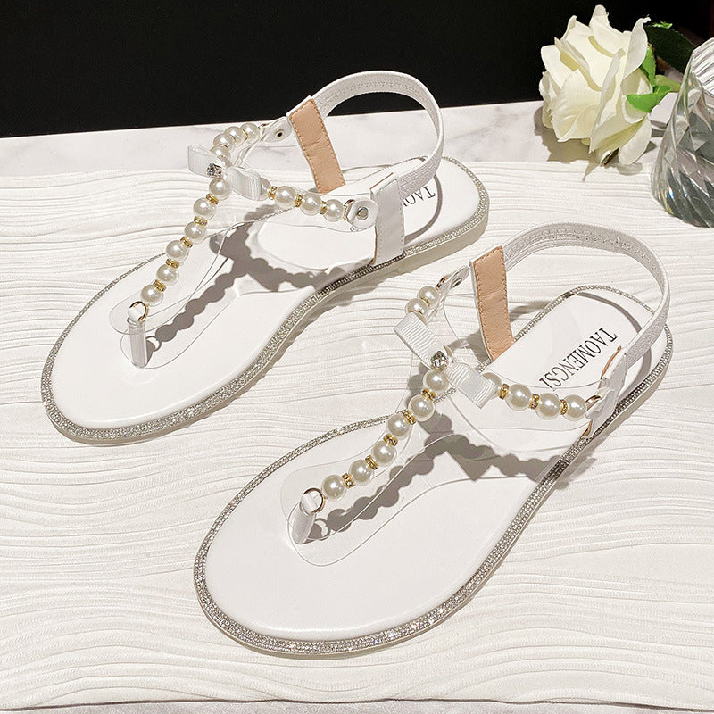 Women's Rhinestone Flat Sandals With Pearl Toe