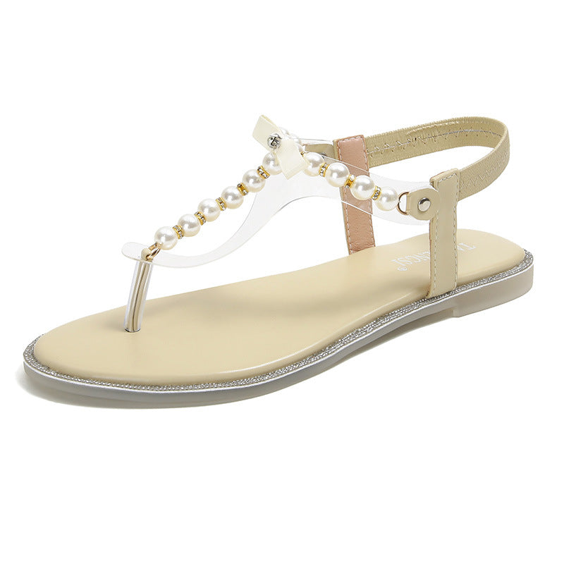 Women's Rhinestone Flat Sandals With Pearl Toe