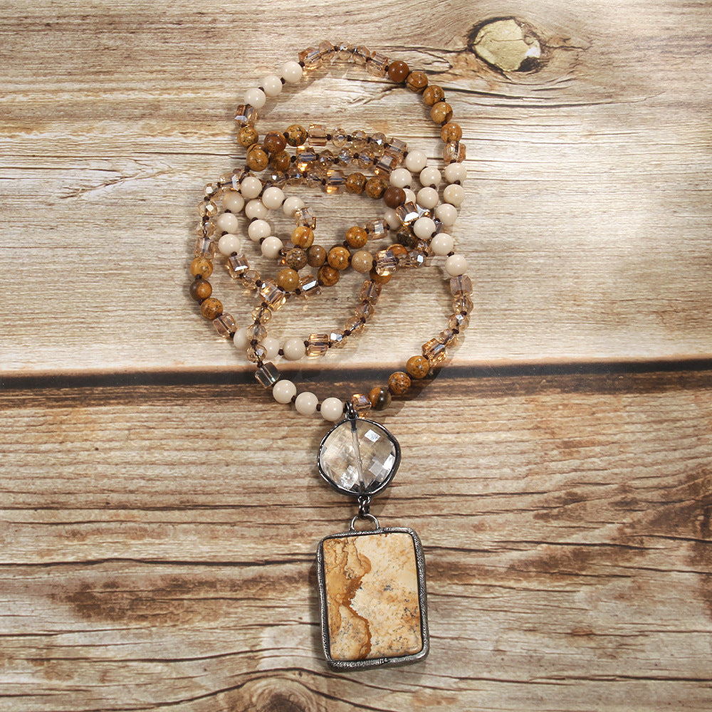 Fashion Bohemian Natural Stone Glass Knotted Necklace