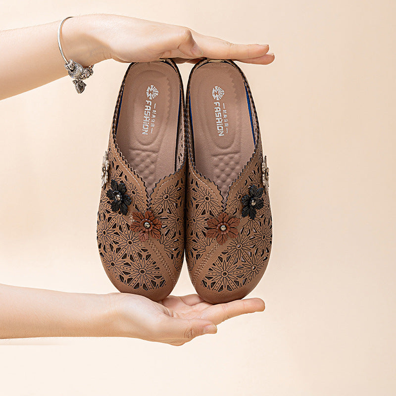 Non-slip Wear-resistant Women's Slippers Soft Bottom Soft Surface Flat Hollowed Leather Shoes