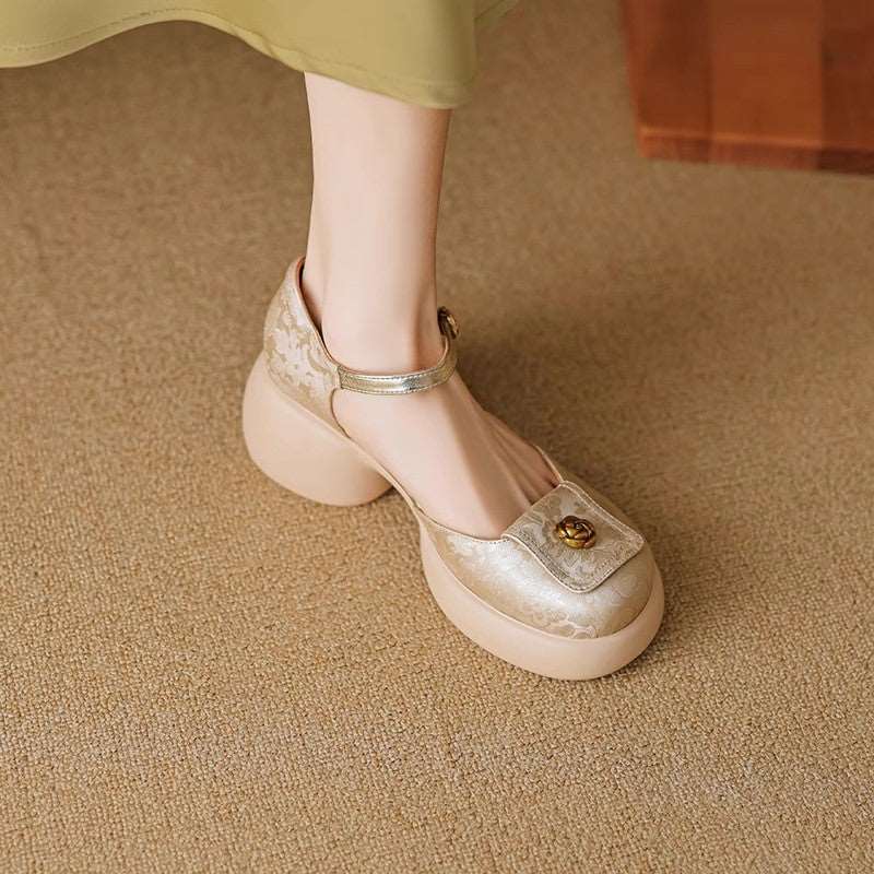 Camellia Baotou Hollowed Sandals Soft Leather Bottom Word Buckle High Heels