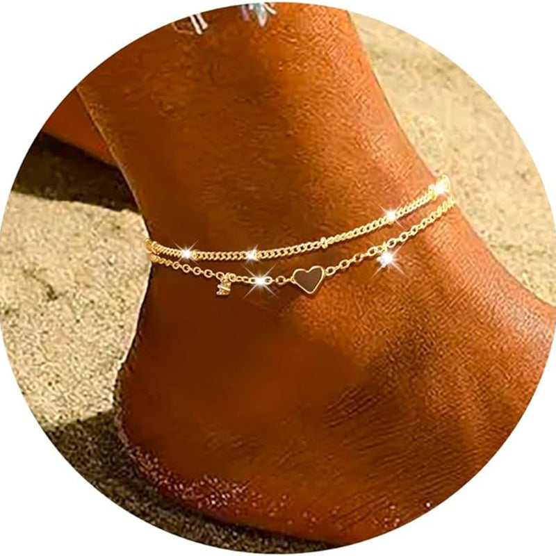 Fashion Heart-shaped Zircon Anklet Women's Waterproof Simple Heart-shaped