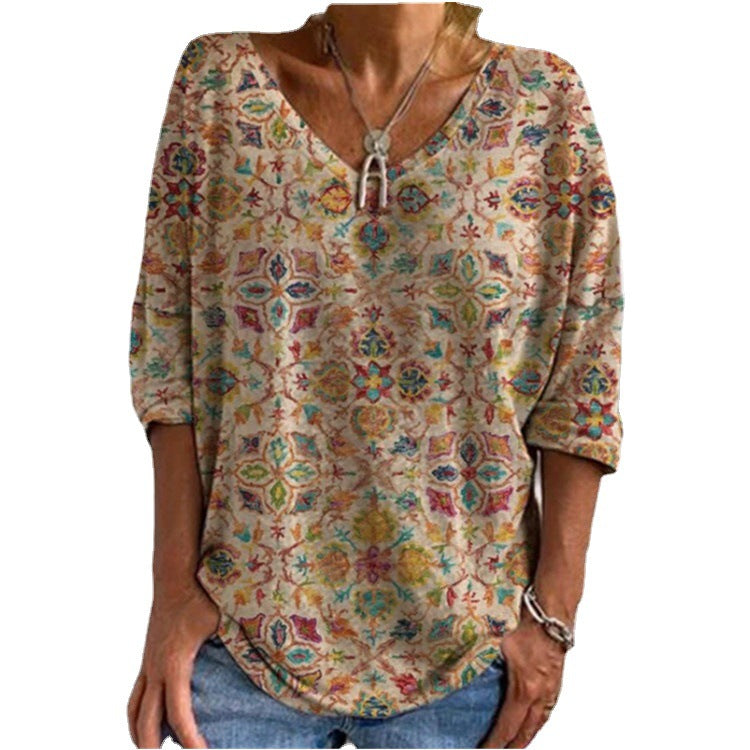 Women's Casual Printed V-neck Loose Mid-sleeve Top T-shirt