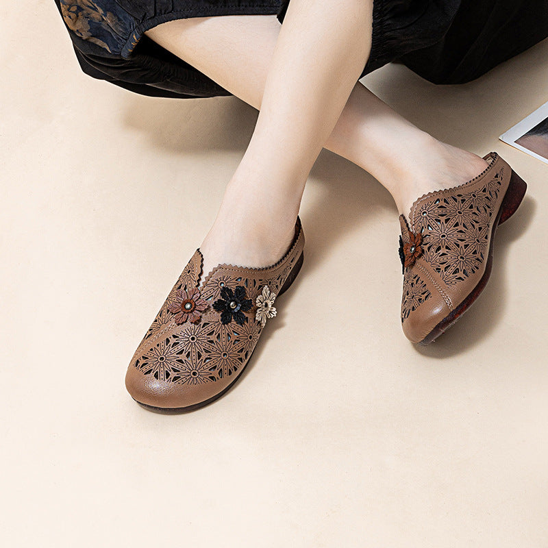 Non-slip Wear-resistant Women's Slippers Soft Bottom Soft Surface Flat Hollowed Leather Shoes