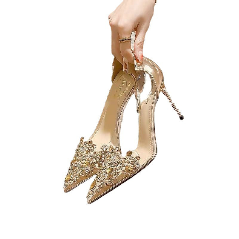 PVC Transparent High Heel Pointed Toe Rhinestone Champagne Wedding Shoes