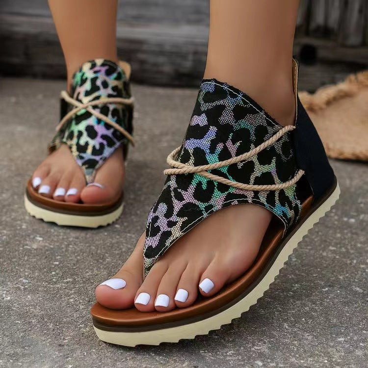 Women's Flip-toe Printed Flat Sandals With Back Zipper