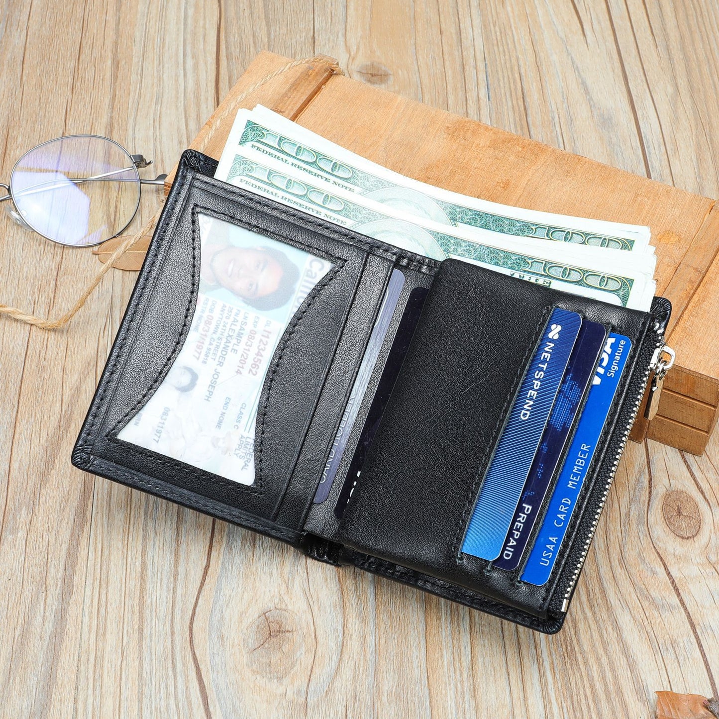 Handmade Cowhide Wallet Men's Top Layer Leather Zipper Anti-theft Swiping Large Capacity