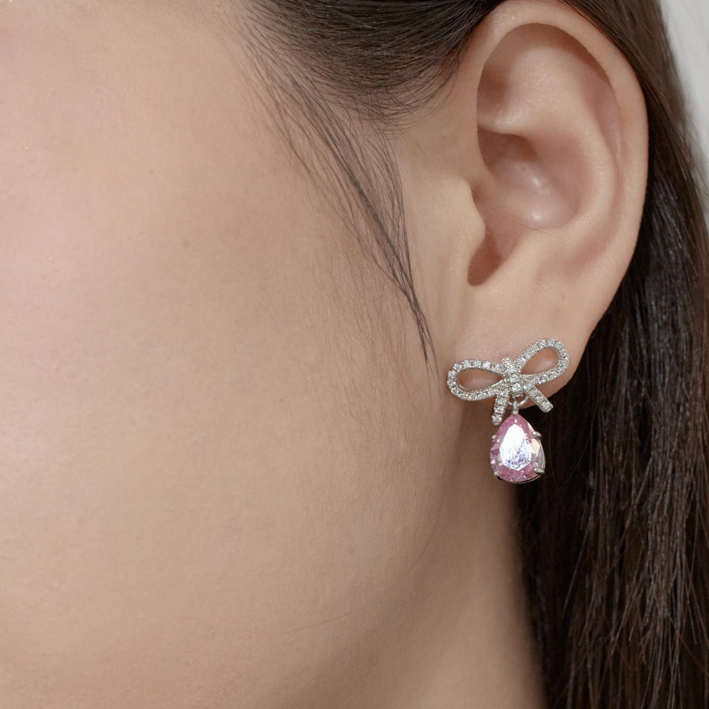 Silver S925 Pink Pear-shaped Water Drop Bow Design Niche Exquisite Fashion Sense Women's Earrings