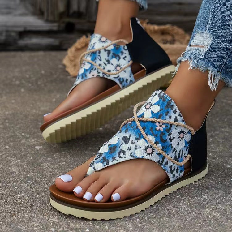 Women's Flip-toe Printed Flat Sandals With Back Zipper