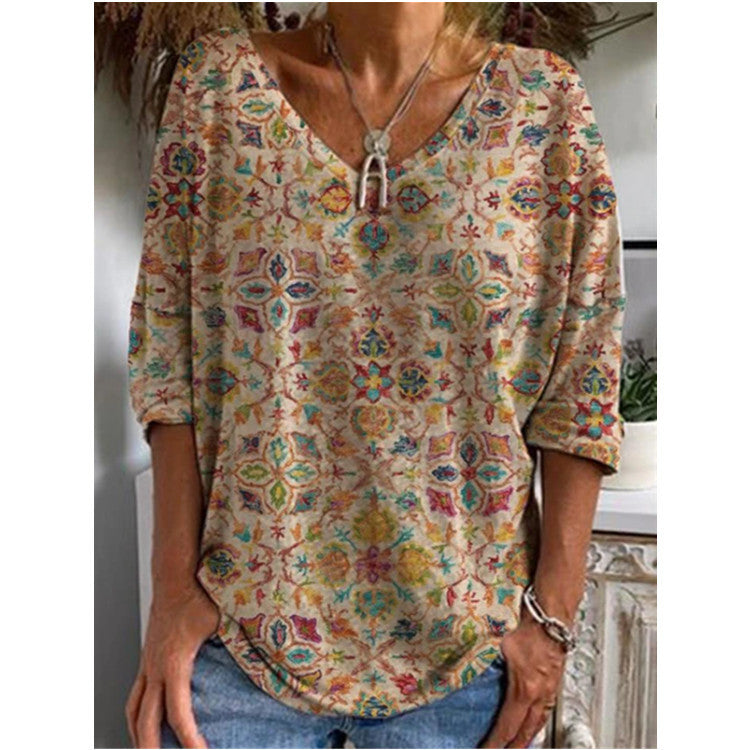 Women's Casual Printed V-neck Loose Mid-sleeve Top T-shirt