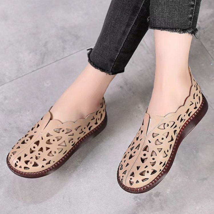 Summer Breathable Hollow Flat Round Toe Soft Bottom Plus Size Women's Hole Shoes