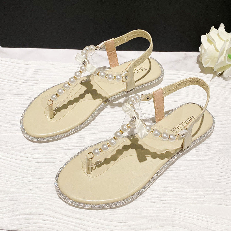 Women's Rhinestone Flat Sandals With Pearl Toe