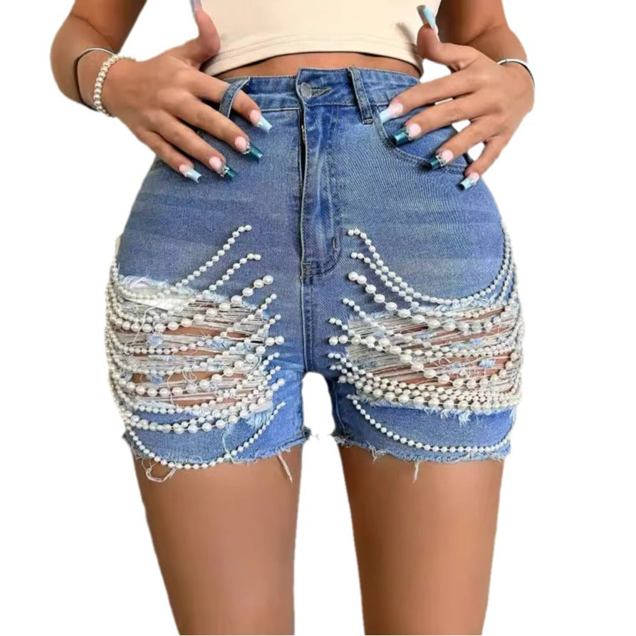 European And American Denim Shorts High Waist Slimming Handmade Bead Necklace Ripped