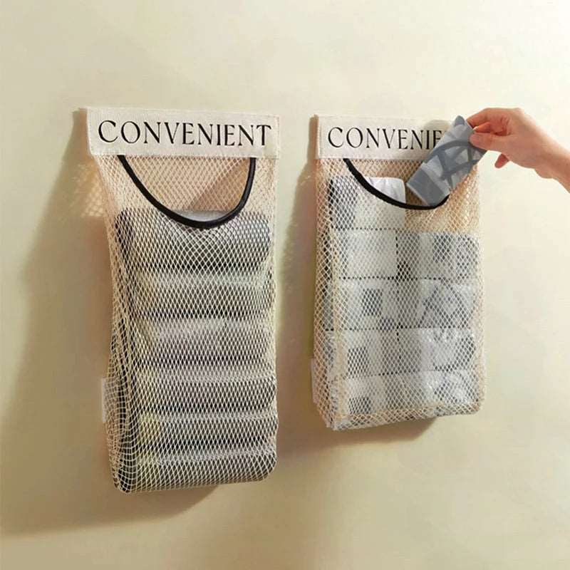 Wall Mount Mesh Storage Bag Garbage Bag Holder Plastic Shopping Bags Dispenser Sundries Bag net Storage Grocery Bag Organizer