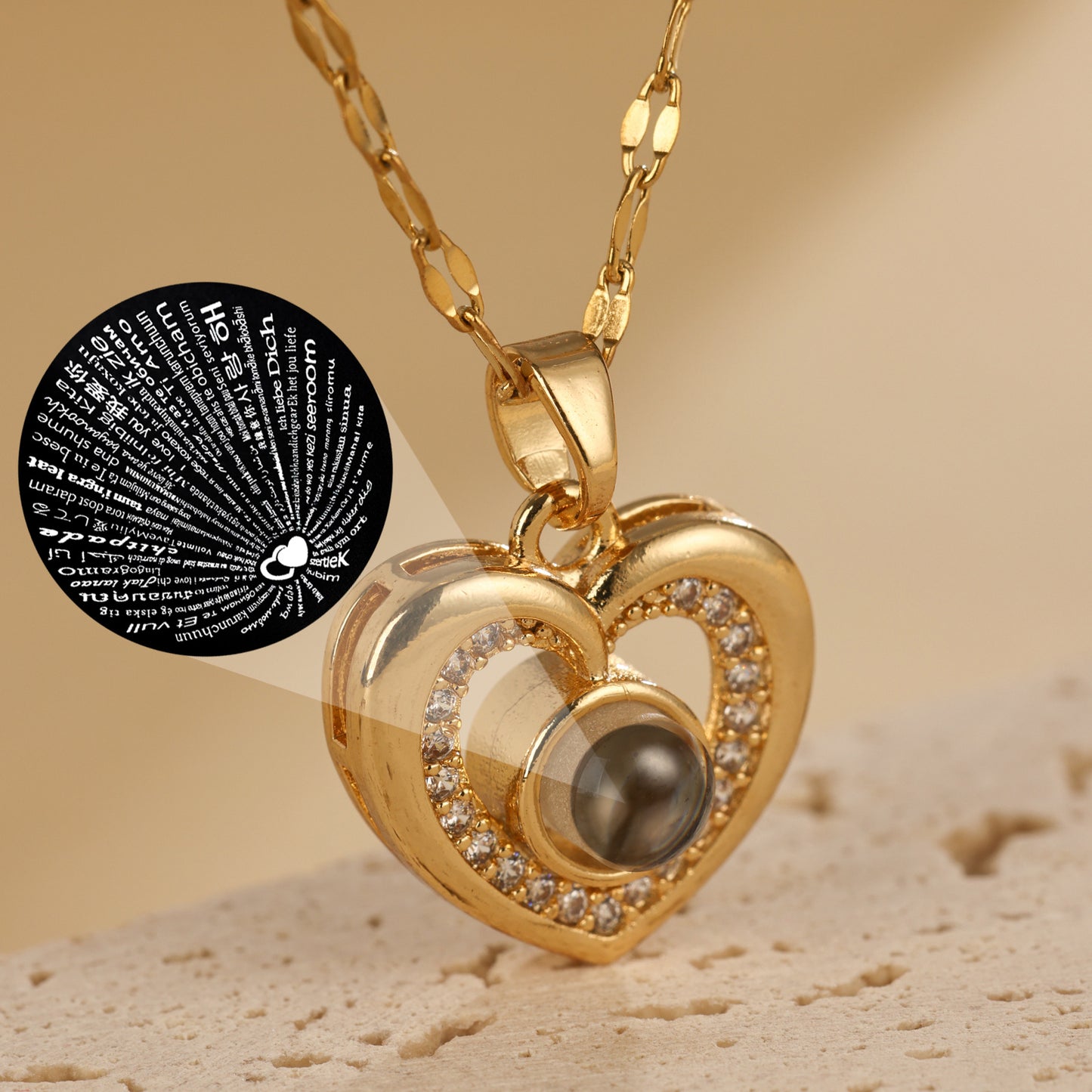 Peach Heart Love Projection Necklace In Multiple Languages, I Love You Memory Necklace