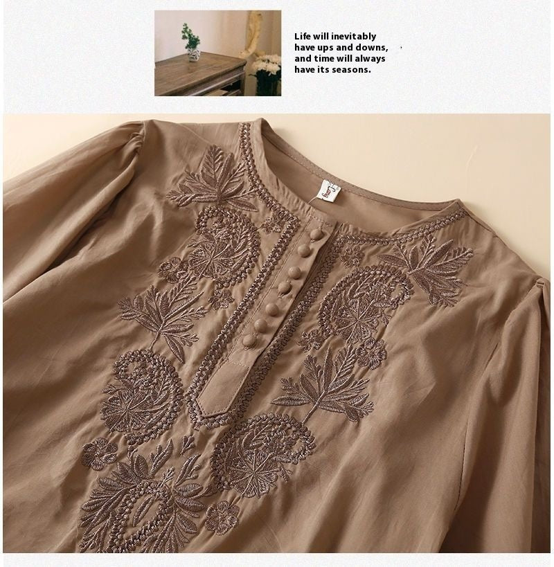 Vintage Loose Design Embroidered Crew Neck Women's Top