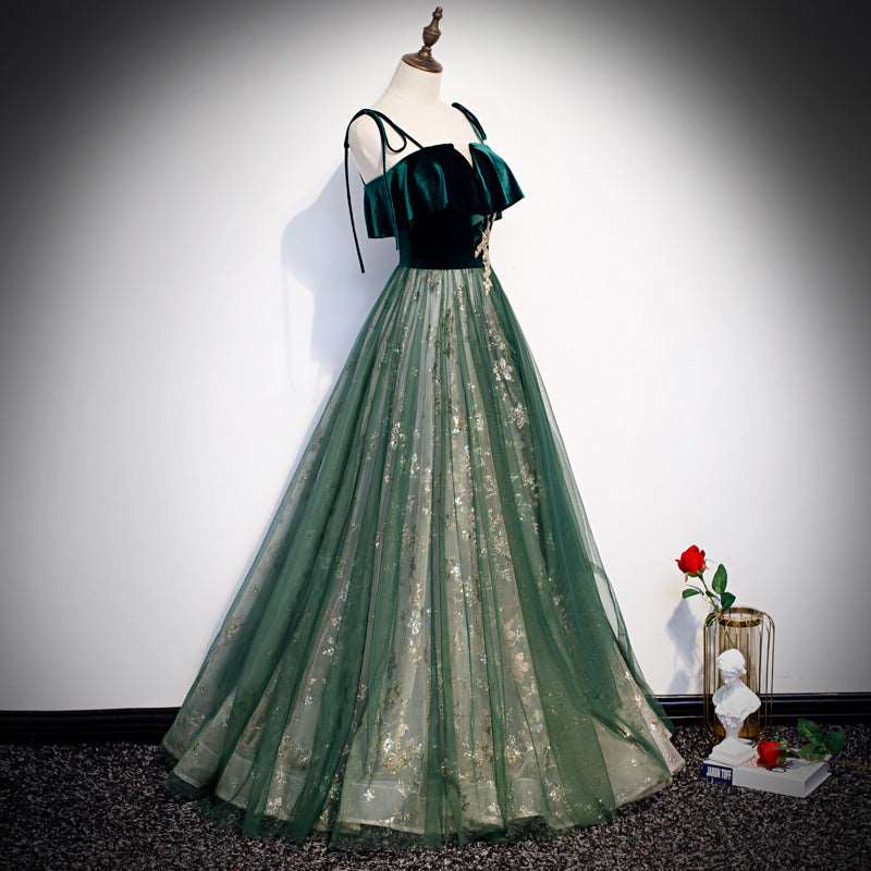 Banquet Sling Temperament Long Dress Dark Green Fantasy Mori