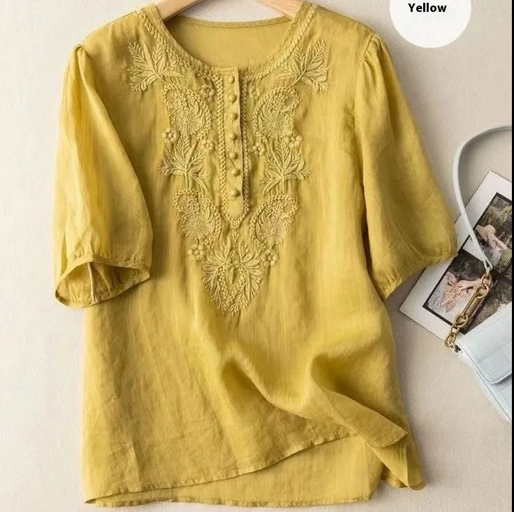 Vintage Loose Design Embroidered Crew Neck Women's Top