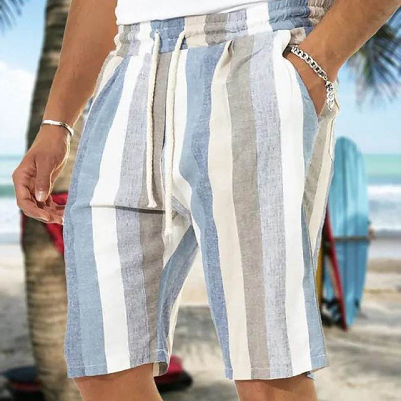 Men's Beach Drawstring Shorts Striped 3D Printing European And American