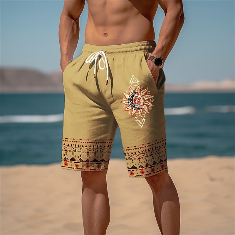 Men's Sports Looped Pile Shorts Drawstring Elastic Waist Smiley 3D Printed Casual Beach Pants