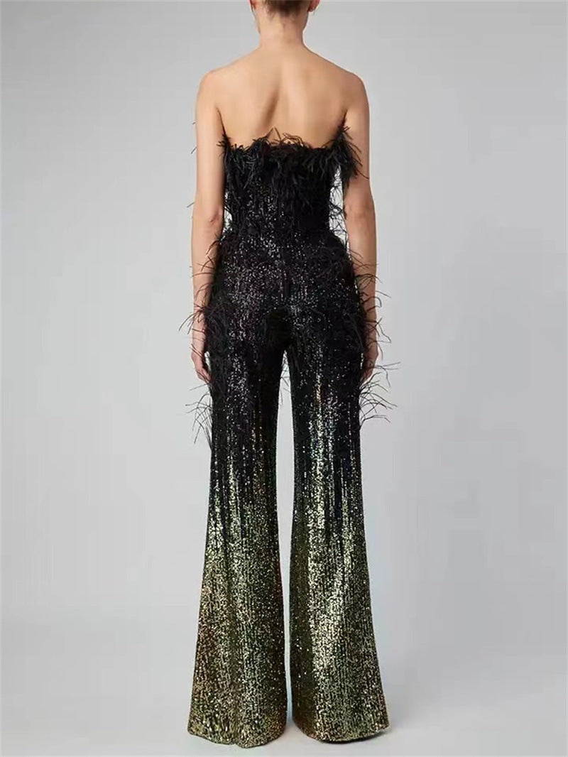 Ostrich Feather Gradient Sequin Tube Top Jumpsuit