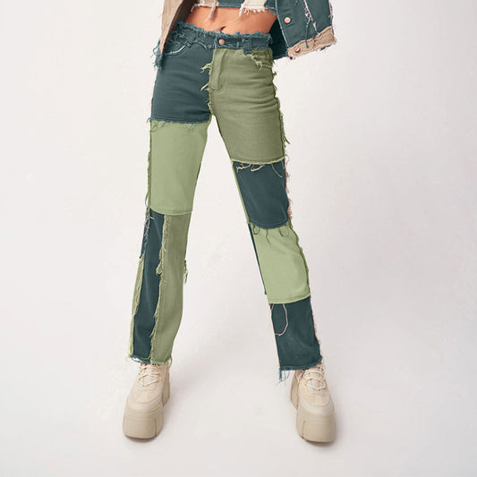 Women's Mixed Color Stitching High Waist Tight Hip Denim Pants