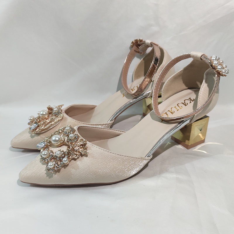 Exquisite Diamond-encrusted Pearl Square Buckle Fairy Wind One-button High Heels