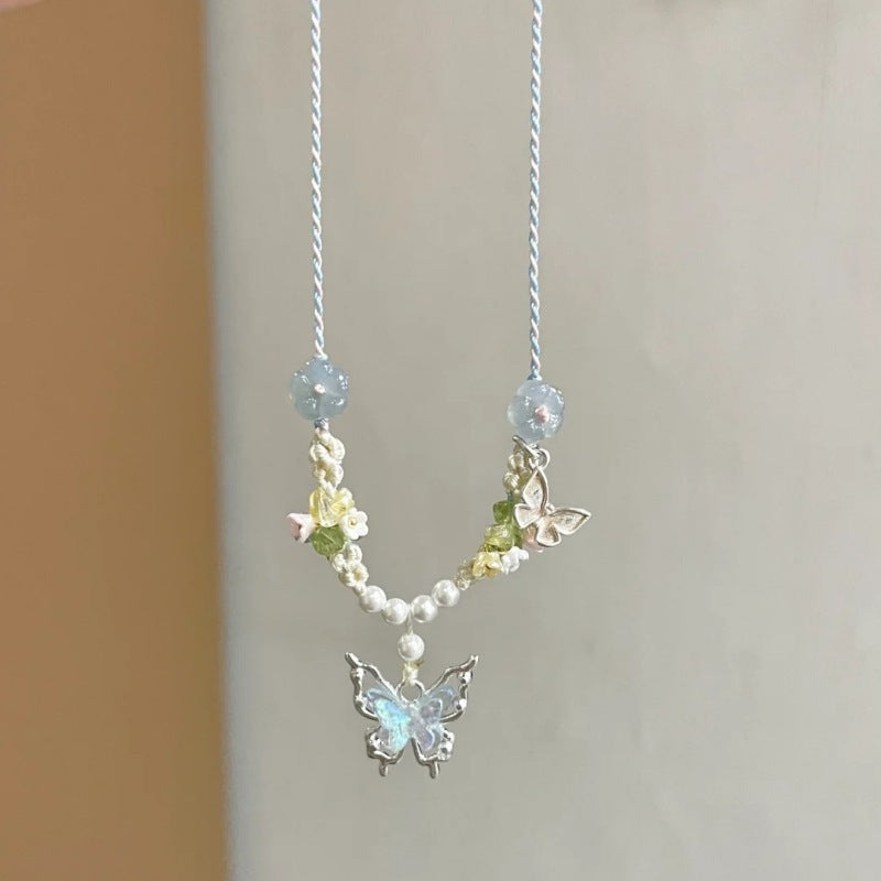 Women's Accessories Crystal Blue Small Butterfly Hand-knitted Rope Necklace