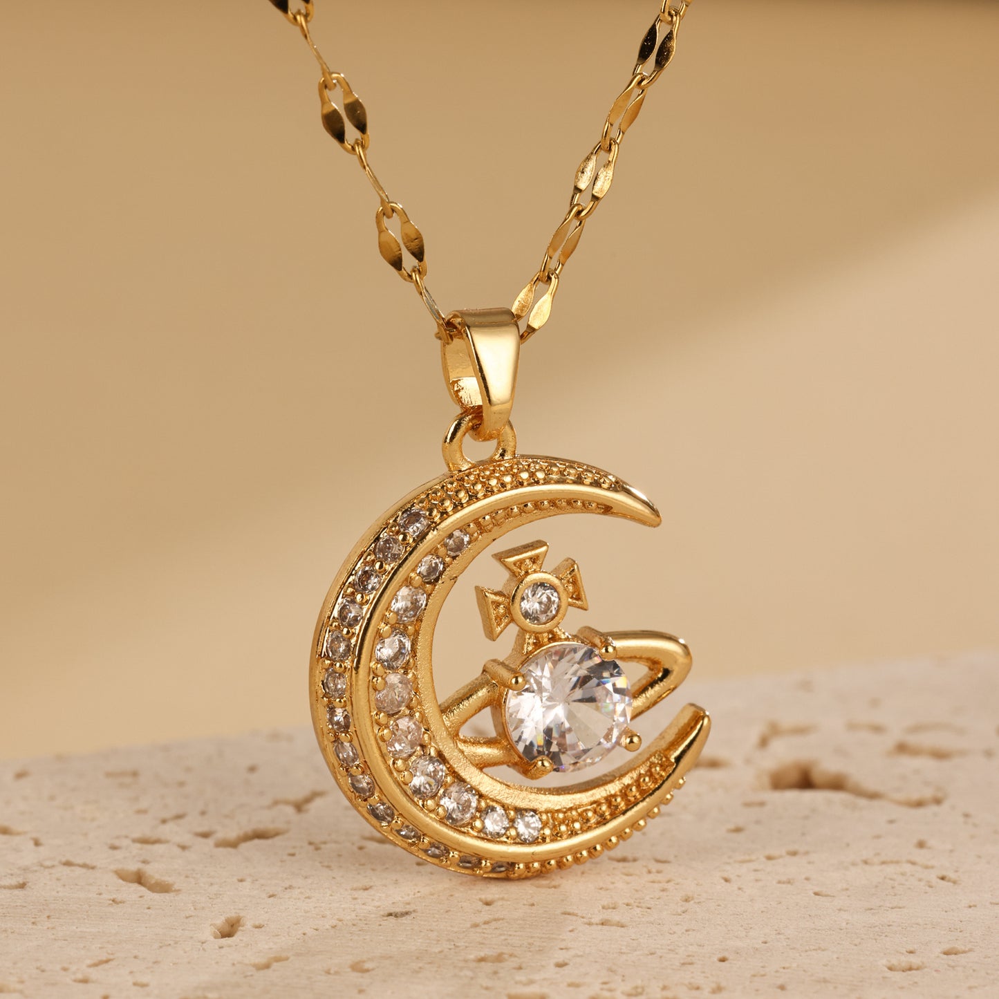 Korean Version Of Moon Planet Necklace For Women With High-end Design, Personalized And Versatile Zirconia Pendant Neck Chain