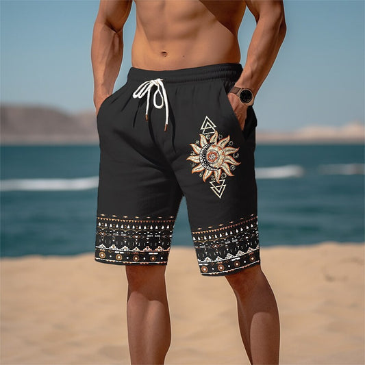 Men's Sports Looped Pile Shorts Drawstring Elastic Waist Smiley 3D Printed Casual Beach Pants