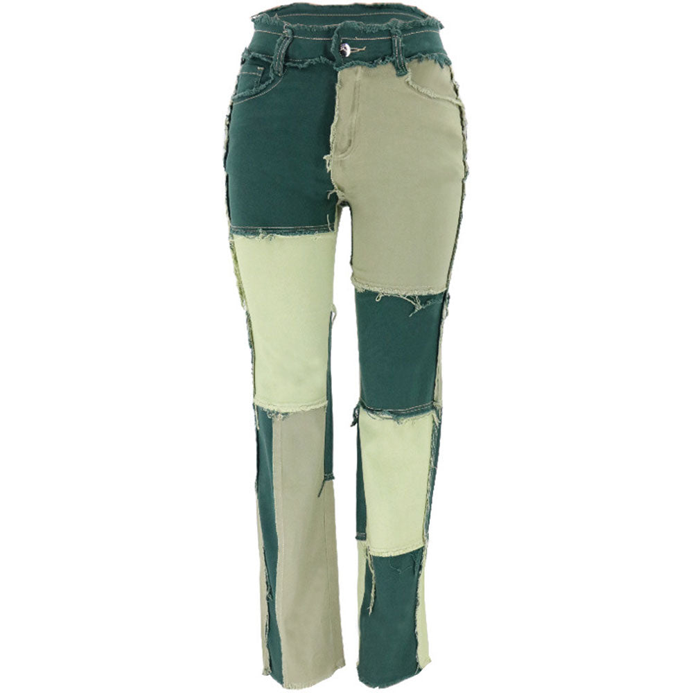 Women's Mixed Color Stitching High Waist Tight Hip Denim Pants