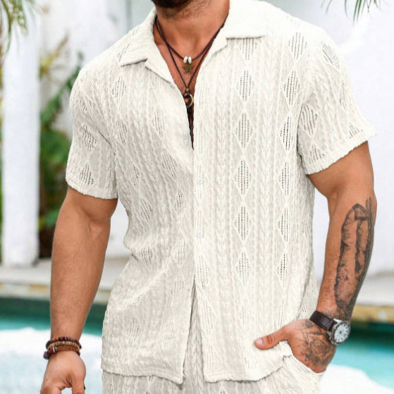 Men's Solid Color Lace Hollow Out See Through Casual Shirt