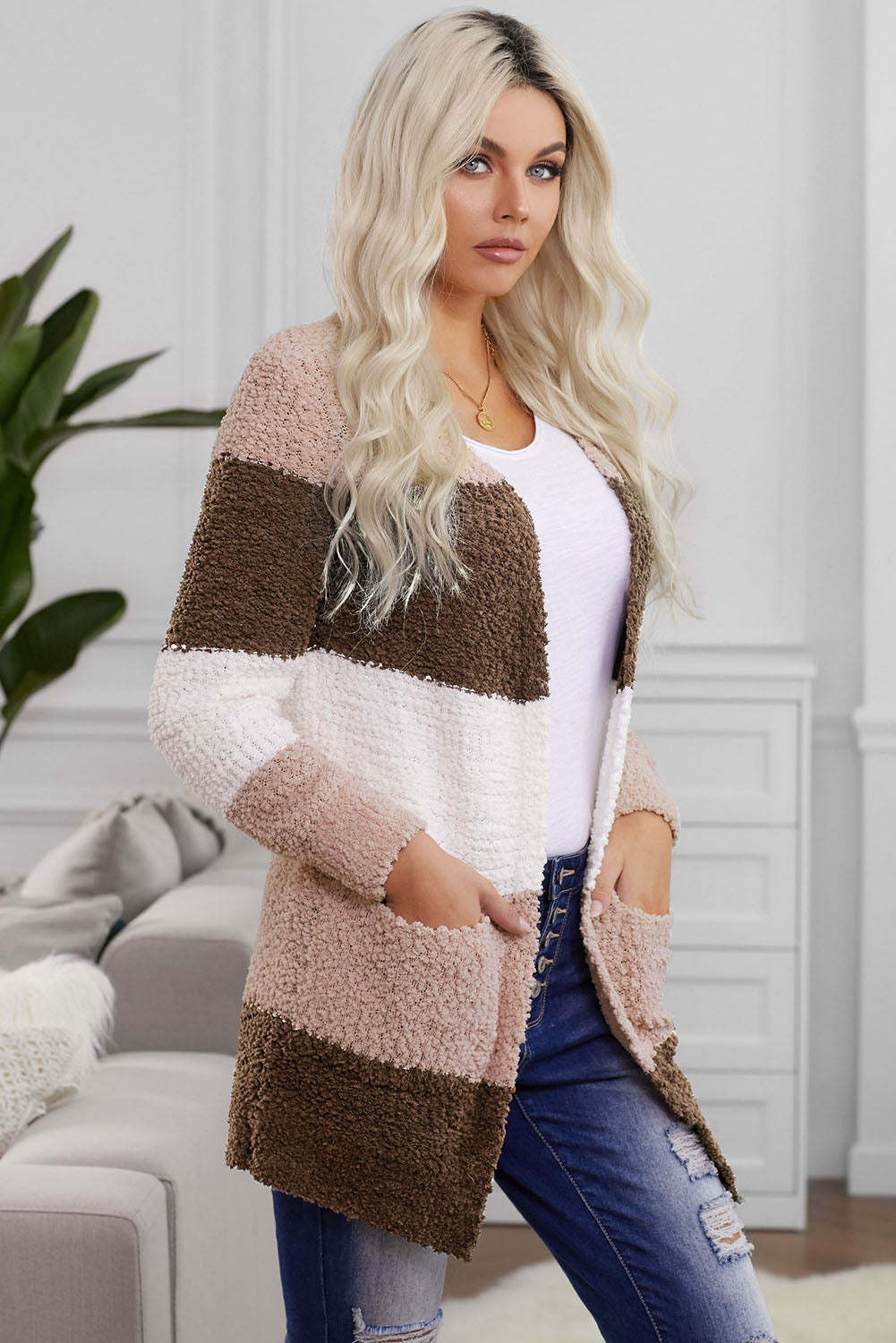 Shiying Knitted Simple Mid-length Women's Cardigan