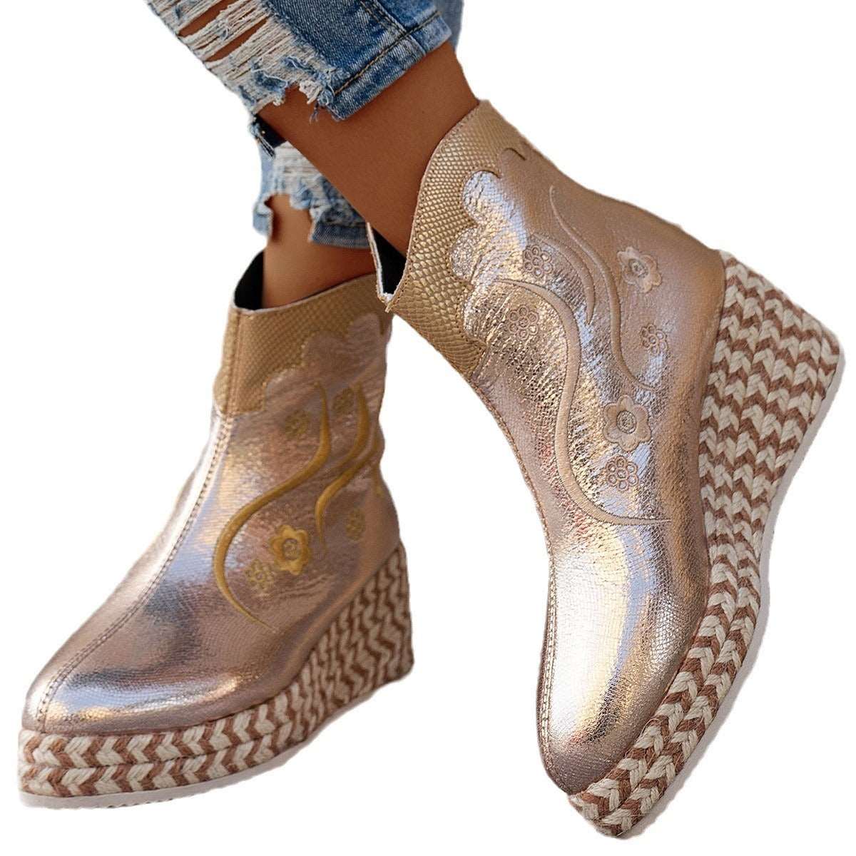 Autumn And Winter Thick Bottom Wedge Embroidered Retro Leisure Boots