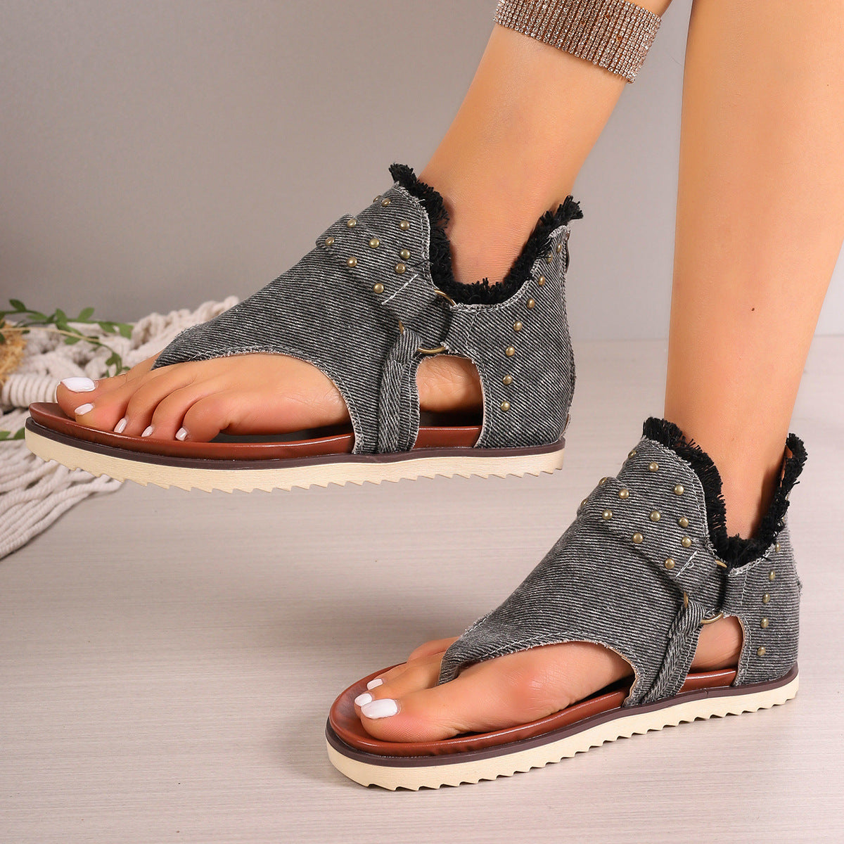 Denim Thong Sandals With Rear Zipper Summer Retro Beach Flat Shoes For Women